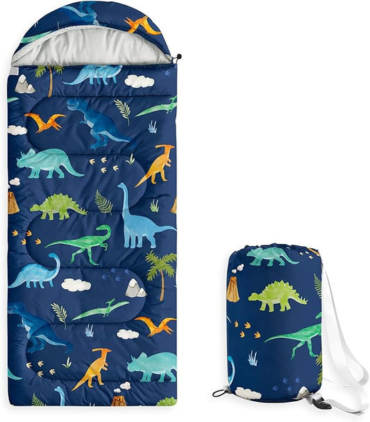 Wake In Cloud - Kids Sleeping Bag for Boys Toddlers, Camping in Warm Cold Weather, Backpacking Lightweight Compact Outdoor Liner for 3 Seasons, Watercolor Dinosaurs