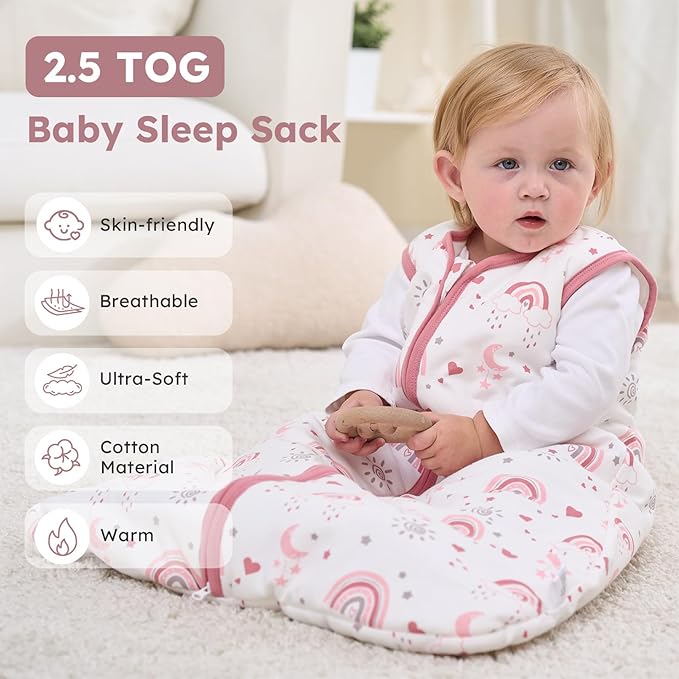 Baby Sleep Sack 18-24 Months, 2.5 TOG Cotton Winter Baby Wearable Blanket with 2-Way Zipper, Warm Soft Sleeping Bag for Toddler Boy Girl, XLarge Rainbow