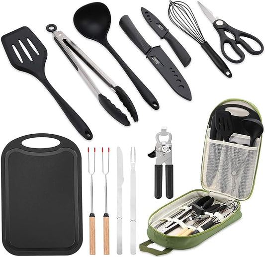 Camping Essentials Cookware Cooking Utensils Set - Portable Camp Kitchen Mess Kit Outdoor Accessories, Stainless Steel & Silicone, Camping Gear Equipment for RV Picnic Grill, Green
