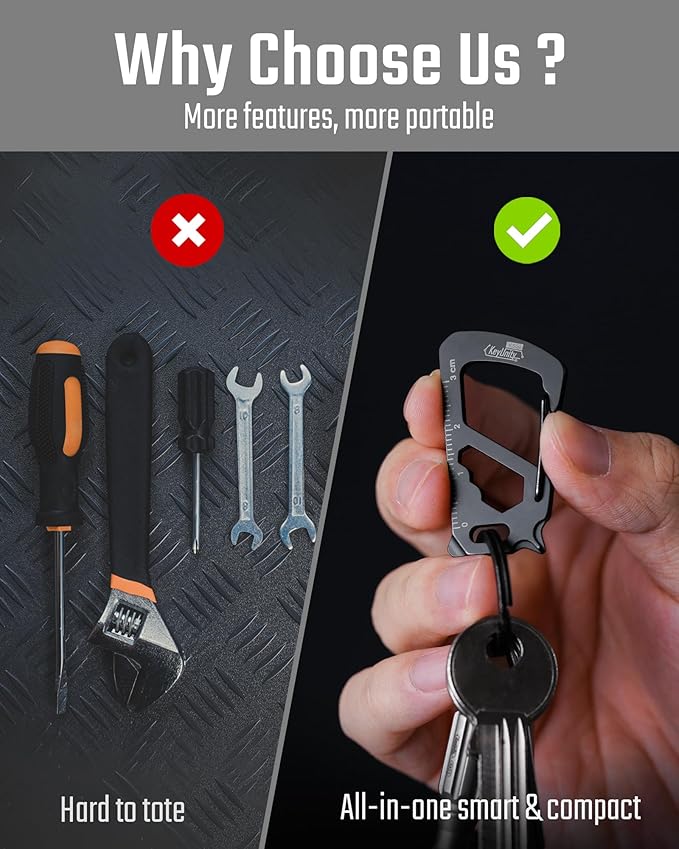 KeyUnity KS00S Carabiner Clip Multitool Stainless Steel 7 Tools in 1, Quick Release Clasp, Wrench, Cross Screwdriver, Slotted Screwdriver, Bottle Opener, Ruler, Key Holder (PVD Black,Small)