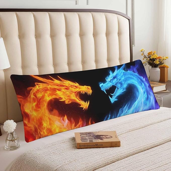 Body Pillow Covers Dragon Body Pillowcase 20"X54", Blue Red Fiery Dragons Couch Side Sleeper Pillow Cases for Home Bedroom, Outdoor Body Cushion Cover for Men Women