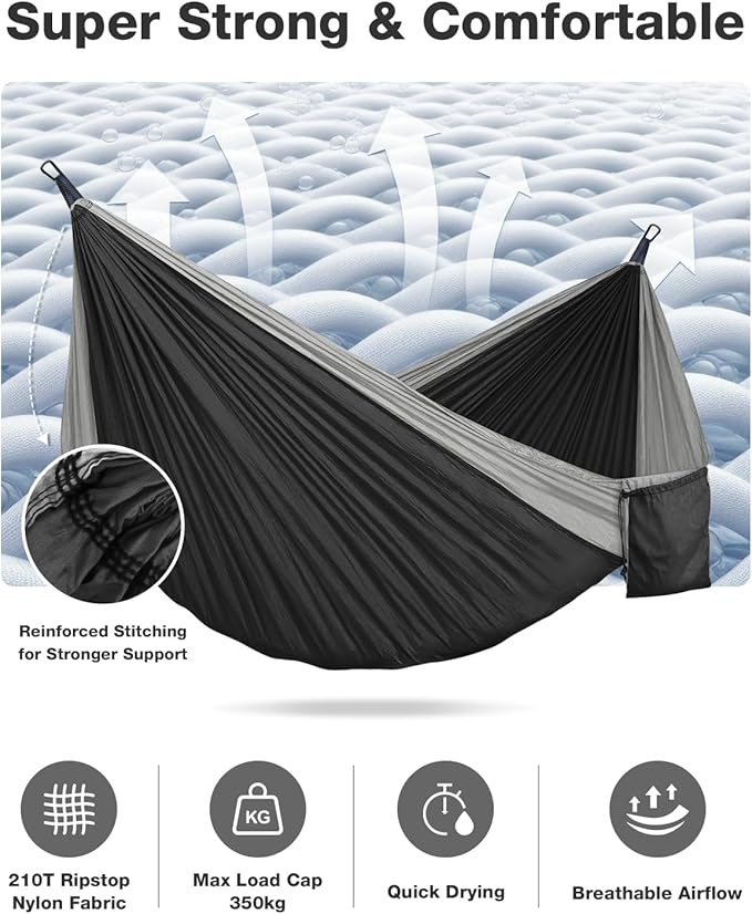 MOSFiATA Camping Hammock, Heavy Duty up to 700lbs with 2 Tree Straps and Attached Carry Bag Portable Outdoor Hammock for Backpacking Hiking Travel,Beach（Black Grey
