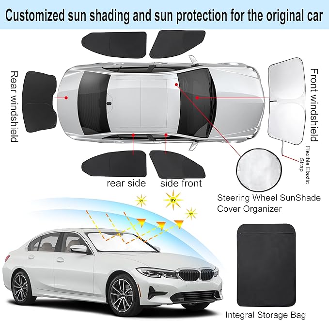 6PCS Windshield Sun Shade Custom Fit for 2019-2024 2025 BMW 3 Series Accessories Foldable Sunshade Side Rear Window Shade Cover Full Set Privacy Protection Keeps Car Cool