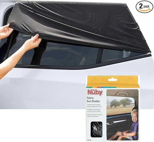 Nuby Car Seat Sunshade for Vehicle Window | 2 Pack| Breathable Mesh Fabric | Full Window Function for Fresh Air Flow | Blocks Sun Rays, Bugs, and Cools Car |Black