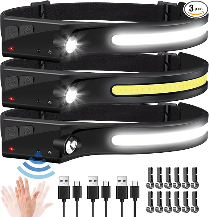 EGUKU Headlamp Rechargeable, 3Pack Rechargeable LED Headlamps 1200Lumens 2 COB 230°Wide Beam Headlight with Bright 5 Modes Lightweight Waterproof Head Lamp for Outdoor Running, Camping Hiking