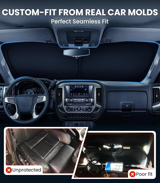 Custom Windshield Sun Shade for GMC Sierra 1500/2500/3500 2019-2026, Zanch 7-Layer Heavy-Duty UV & Heat Block Protection, 3D Laser Scanned Instant Cooling, Foldable Truck Accessories