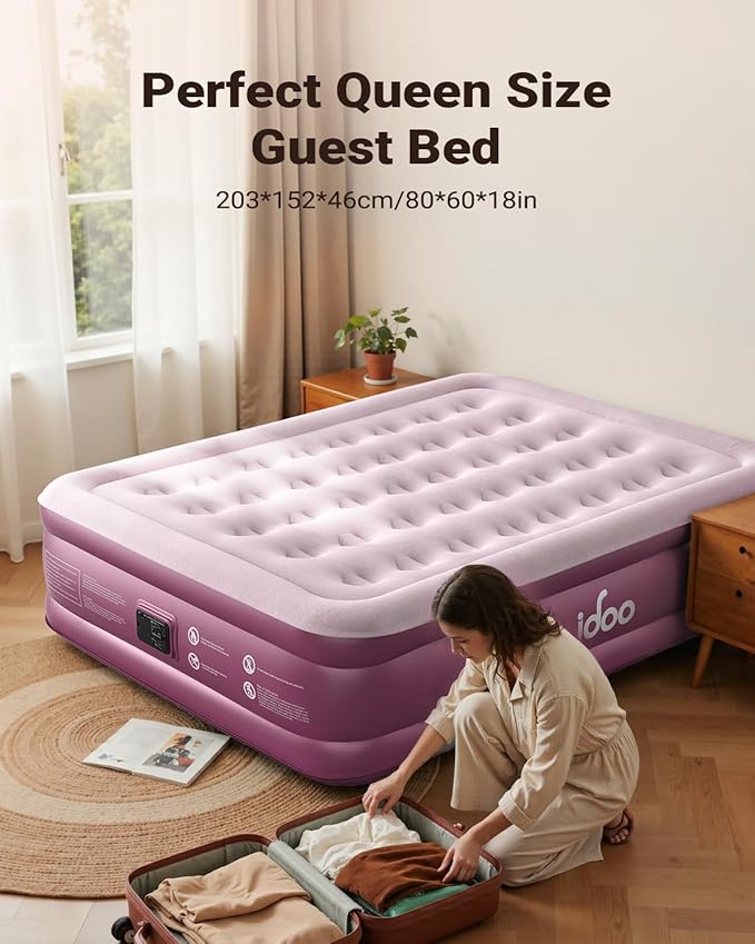 iDOO Air Mattress Queen with Built in Pump, Blow up Mattress, 18 Raised Inflatable Mattress for Home Camping and Guest Bed, Upgraded Comfort Surface Air Bed Queen Size, Colchones Inflables, Pink