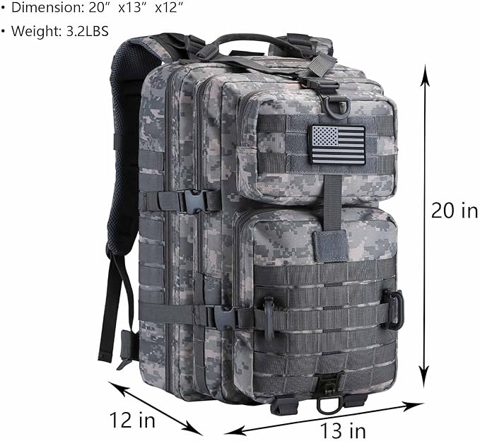 Hannibal Tactical MOLLE Assault Backpack, Tactical Backpack Army Military Camping Rucksack, 3-Day Pack Travel Trip w/USA Flag Patch, D-Rings, ACU Camo