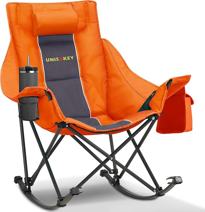 Unisakey Oversized Rocking Camping Chair with Headrest & Cup Holder - 400lbs Capacity, 600D Oxford Fabric, Easy Fold Portable Outdoor Rocker Chair for Camping, Backyard, Beach, Orange