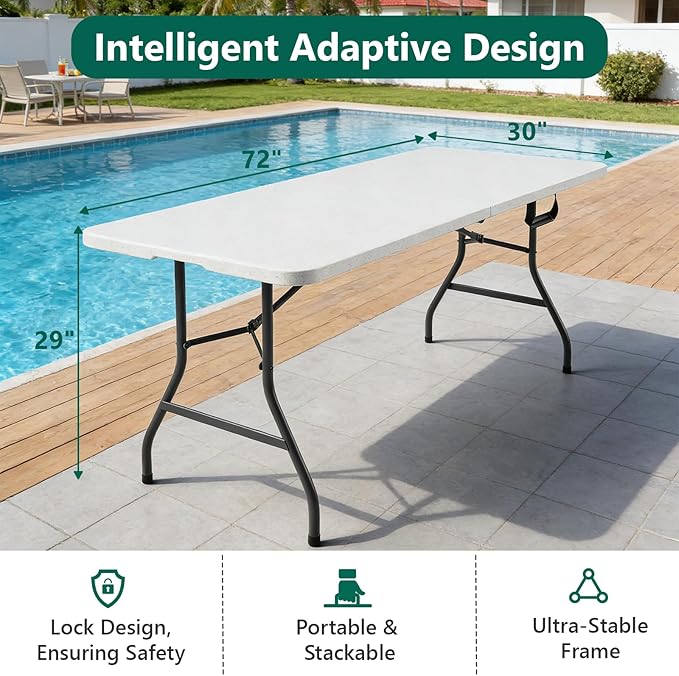 Folding Table 72" x 30" - Heavy Duty Plastic Table with Handle, Foldable & Portable, Fold-in-Half Utility Tables for Outdoor, Dining, Wedding, Events, Indoor, Picnic, Camping, Party (White)