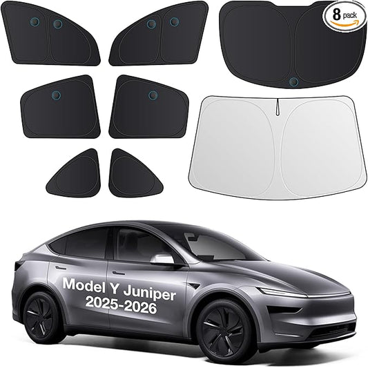 Wigoo 2026 Upgrade 8PCS Full Set Window Sunshade for Tesla Model Y Juniper 2025-2026 [7-Layer Cooler & Blacker, Ice-Crystal Tech] with Windshield for Sun Block, Baby, Camping, Privacy Napping, Relax