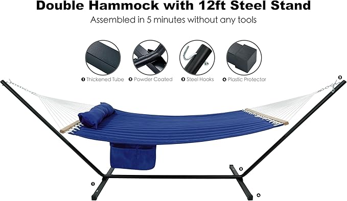 GAFETE 2 Person Hammock with Stand for Outside, Heavy Duty Steel Stand, Double 55inch Hammocks, Large Removable Pillow, Storage Bags, Max 475 lbs Capacity (Blue)