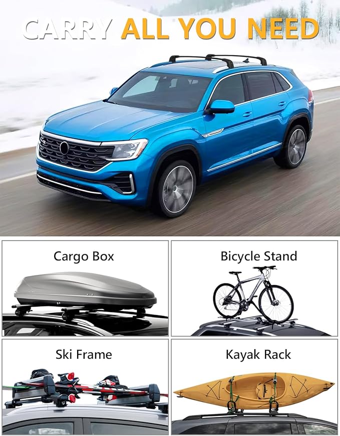 Tuyoung 300lbs Roof Rack Cross Bars Compatible with Volkswagen VW Atlas Cross Sport 2020-2026, Lockable Heavy Duty Anti-Theft Aluminum Rails Crossbars Cargo Carrier Bag