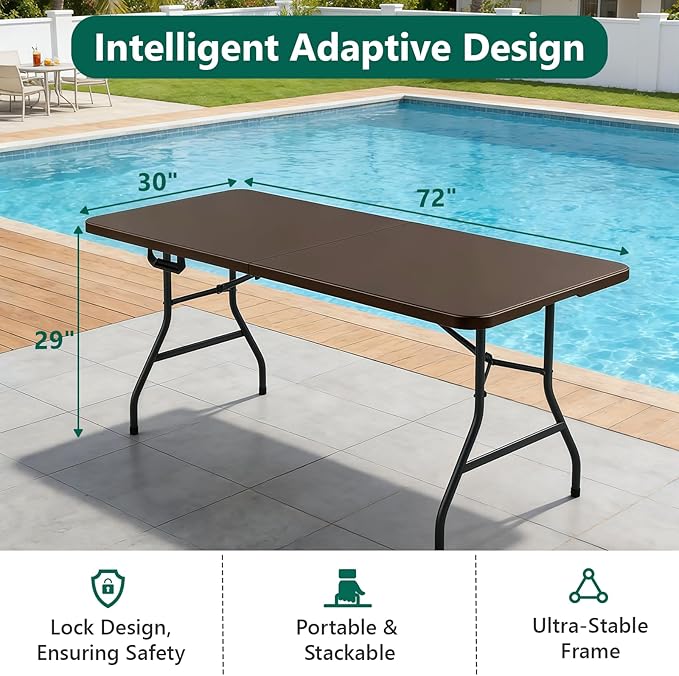 Folding Table 72" x 30" - Heavy Duty Plastic Table with Handle, Foldable&Portable, Fold-in-Half Utility Tables for Outdoor, Dining, Wedding, Events, Indoor, Picnic, Camping, Party, Brown