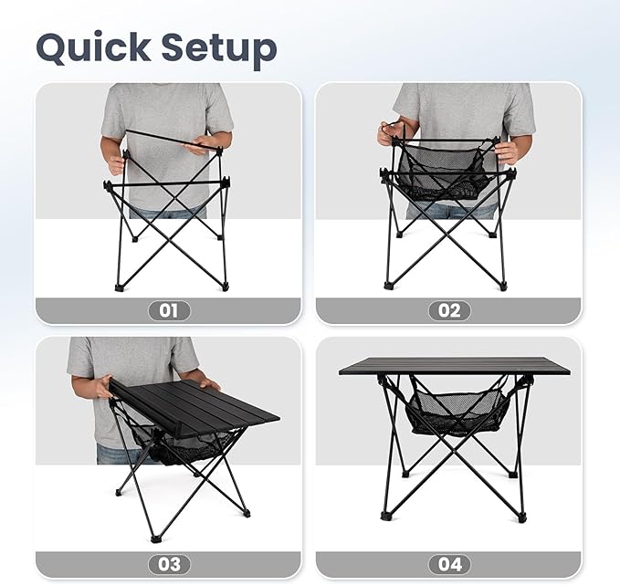 ONETIGRIS Portable Camping Table, Lightweight Beach Table with Storage Net & Carry Bag, Camping Side Table for Outdoor Cooking, Hiking, Fishing, Picnic, Travel