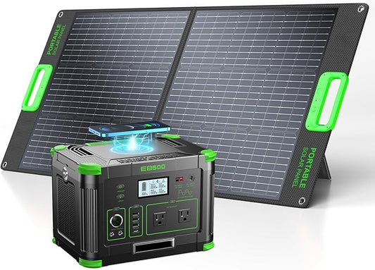 500W Solar Generator with 100W Foldable Solar Panel, Portable Power Station 500W AC Outlet, MC-4 Solar Battery Charger for Home Emergency, Camping, Road Trip, Van