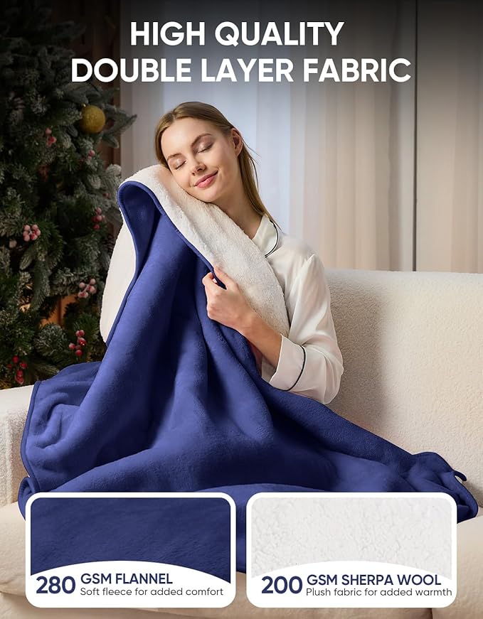 12V/24V Heated Car Blanket, Machine Washable Electric Blanket, Flannel Heating Throw for Car, SUV, RV Camping, 60" x 44", Hi/M/Lo Heating Settings, 30/45/60 Min Auto-Off Timer,Navy Blue