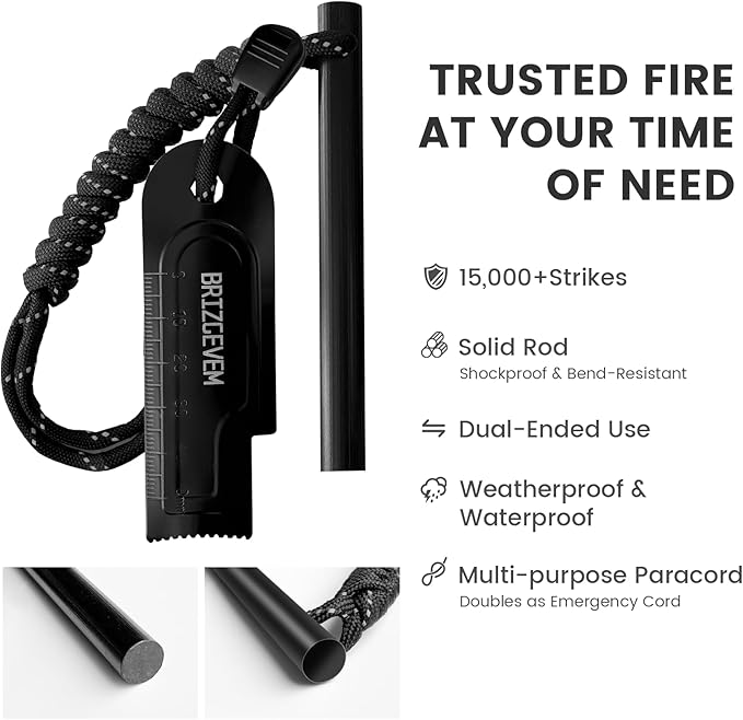 Waterproof Ferro Rod Fire Starter 6x1/2 in & 4x3/8 in, 15,000+ Strikes Flint Fire Steel with Paracord Multi-Tool Striker & Extra Waxed Tinder Cord for Camping, Hiking, Survival & Emergency