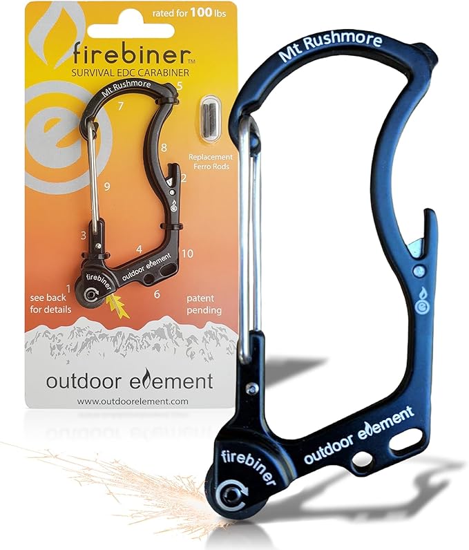 OUTDOOR ELEMENT Firebiner Custom Engraved 6-in-1 Fire Starter Carabiner Multitool – Survival Gear EDC Keychain with Utility Blade, Bottle Opener, Screwdriver, Emergency Tool