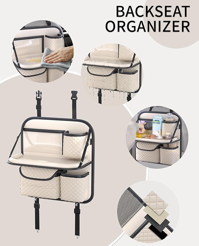 Leather Backseat Car Organizer with Tray & Cup Holder - Car Seat Organizer for Kids, Women, Road Trip Essentials for SUVs, Trucks and Cars (Beige)
