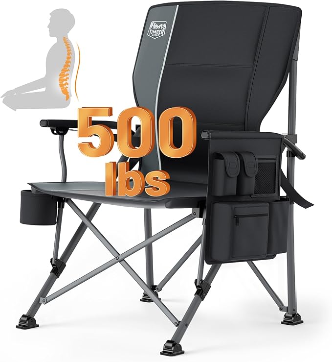 TIMBER RIDGE Oversized Folding Camping Chair with Lumbar Support Adjustable High Back Heavy Duty for Adults Aluminum Support up to 500lbs with Cup Holder, Cooler Bag, Side Pocket