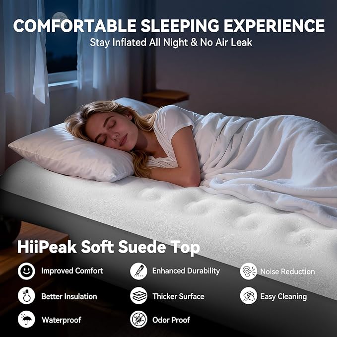 HiiPeak Queen Air Mattress Bed with Removable Multi-function Air Pump, Self Inflatable TPU ECO Blow Up Bed, All Night Stability No Lost Air, No Peculiar Smell for Camping, Home, Guests Portable Travel