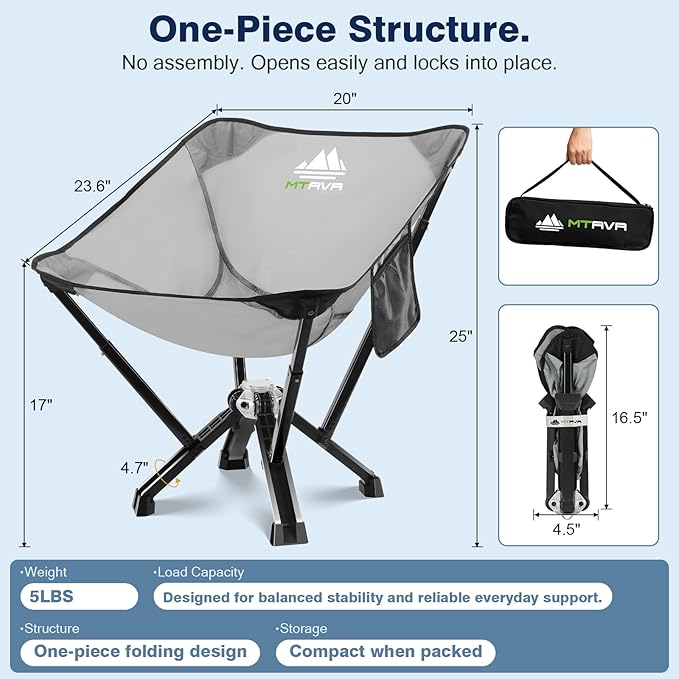 MTRVR Utility-Grade Folding Chair — Stable One-Piece Structure, Authorized Folding Structure Patent, Balanced Aluminum Support, Compact & Portable Chair for Camping, Fishing & Everyday Outdoor Use