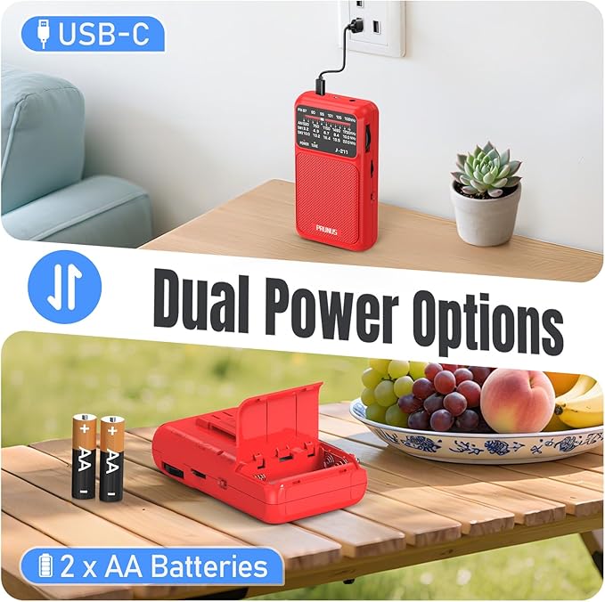 PRUNUS J-211 Portable Radio AM FM with USB Charging and AA Battery Operated, Transistor Radio, Strong Reception& Clear Speaker, Headphone Jack, Back Clip, Lanyard, Small radios Portable AM FM