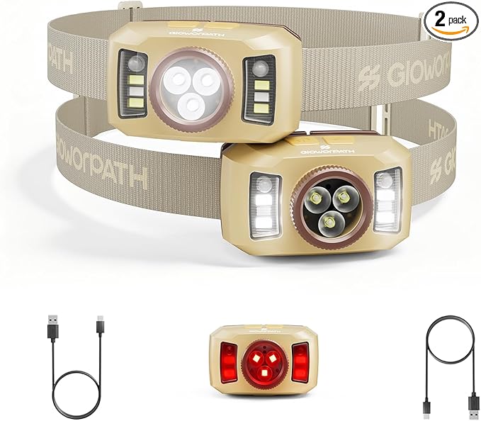 Upgraded Headlamp Rechargeable, Ultra Bright Headlight Flashlight with White Red Light, Motion Sensor Head Lights for Forehead, 6 Modes Head Lamp for Outdoor Camping Running Waterproof (2, Beige)