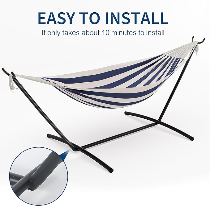 Double Hammock with Steel Stand - 2 Person Hammock Bed Indoor Outdoor, Brazilian-Style, with Carry Bag, 450lb Capacity, Portable & Easy Assembly, Blue&White
