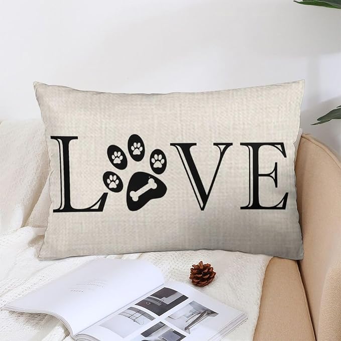 ITFRO Great Pet Dog Lover Gift with Words Love Paw Prints Bone Lumbar Sofa Decorative Beige Cotton Linen Throw Pillow Case Cushion Cover Oblong 12x20 Inches (Print)