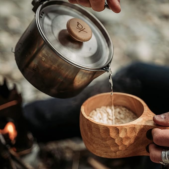 überleben | Kuksa Wooden Cup – Handcarved 8oz Coffee Mug, Bowl with Lanyard & Carabiner – Lightweight Camping Essentials & Traditional Nordic Bushcraft Gear