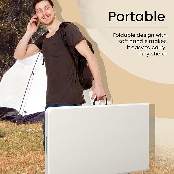 Our Modern Space 8 Feet Foldable Table with Built in Handle & Steel Legs | Heavy Duty Portable | Perfect for Party, Dining, Wedding, Events, Picnic Indoor, Outdoor, Camping, Utility, Temporary
