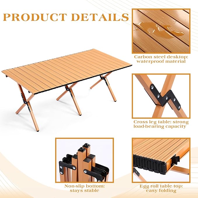 Suzile 2 Pack 4FT Folding Camping Table, Roll Up Portable Camp Table with Carry Bag, Low Collapsible Lightweight Aluminum Outdoor for Camping, Picnic, Beach, Patio, Kitchen(Yellow Wood Color)