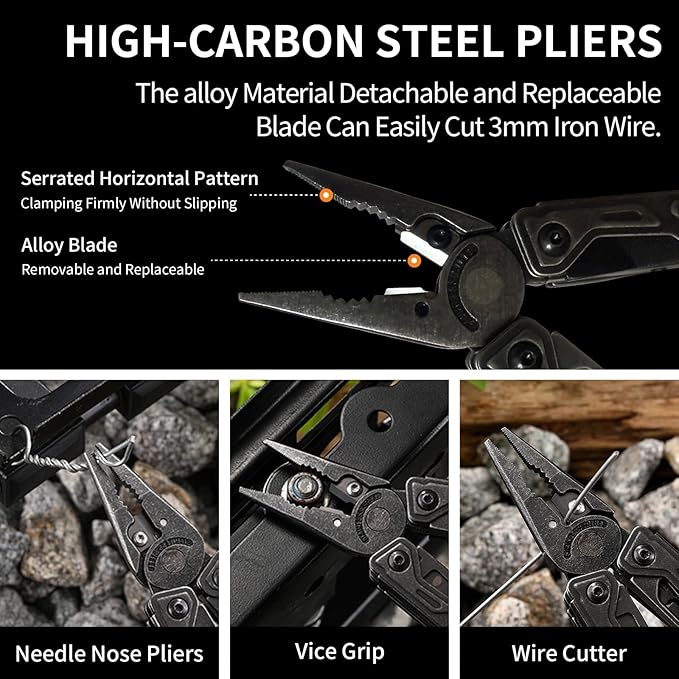 27-in-1Multitool Pliers with Scissors, Rope Cutters,Saw, Screwdrivers,Can Opener,File,Carrying Pouch,Stainless Steel Pocket Multi-Tool Ideal for Camping Survival and Gift,Black