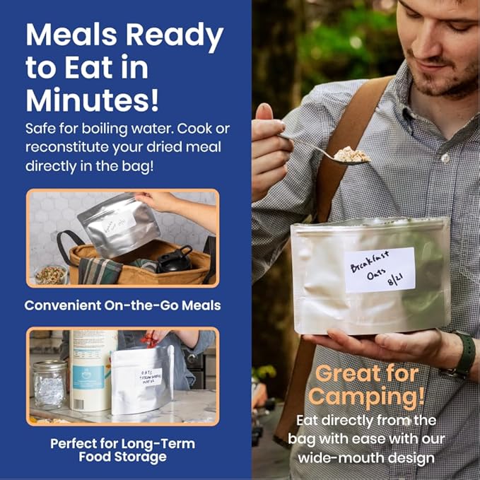 Wallaby 30 Count MRE Mylar Bags with 400cc Oxygen Absorbers, 15 Mil Total Thickness Long-Term Food Storage Pouches, 6.5x8.5 Stand-Up Zipper Heat-Sealable Airtight Packaging - Silver