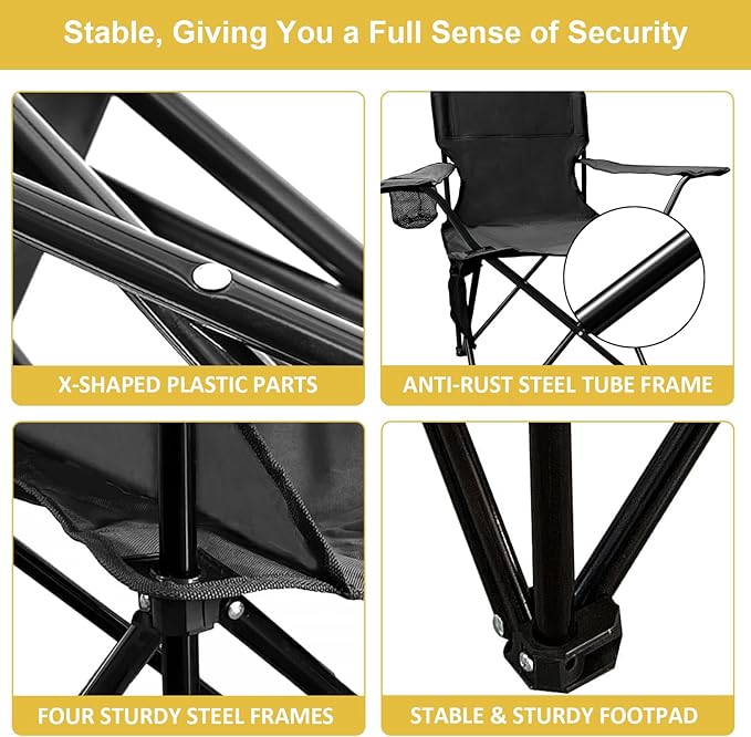 Folding Camping Chair with Cup Holder & Storage Bag, 225lbs Capacity, Large Anti-Sink Feet, Breathable PE Coated Fabric for Outdoor, Hiking, Beach, Fishing, Backpacking, 2PCS Black