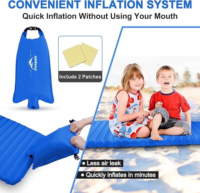 Camping Sleeping Pad, Ultralight Waterproof Inflatable Sleeping Mat with Inflation Bag, Lightweight Portable Compact Air Mattress for Outdoor Backpacking Hiking Traveling Tent Use (Single, Blue)