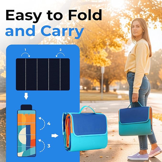 scuddles Extra Large Picnic Blanket – 60" x 80" Waterproof Outdoor Mat with Soft 3-Layer Comfort, Cozy Fleece Top, Foldable Design & Carry Strap for Beach, Camping, Parks & Hiking