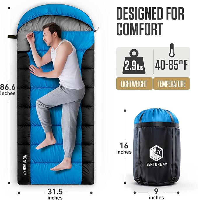 VENTURE 4TH Backpacking Sleeping Bag – XXL, Double and Single Sizes - Lightweight Warm & Cold Weather Sleeping Bags for Adults, Kids & Couples – Ideal for Hiking, Camping & Outdoor Adventures