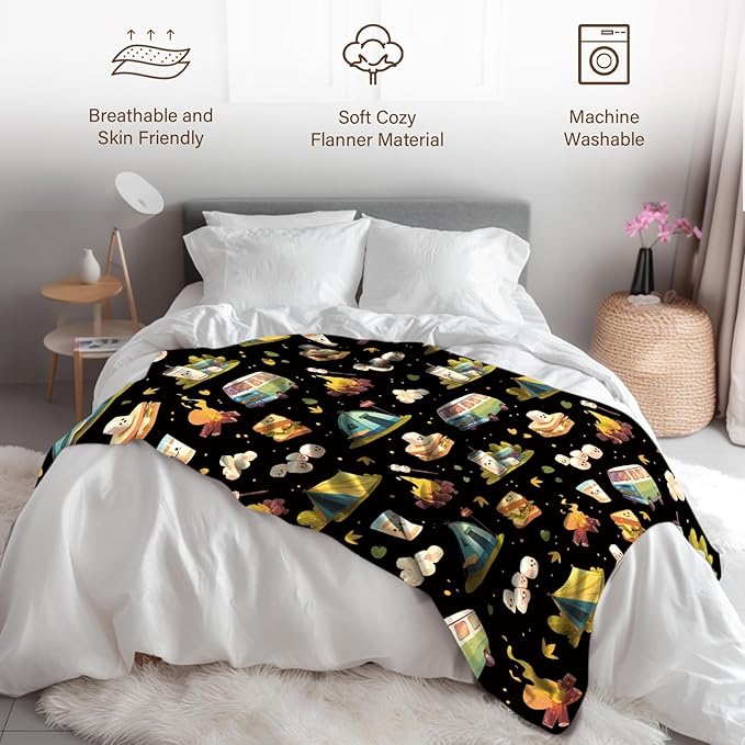 Marshmallow Blanket, Camping Blanket, Gifts for Camping Lovers, Cute S'Mores Blanket, Christmas Camping Gifts for Couples, 50" X 60" Marshmallow Cookie Blankets Birthday Christmas