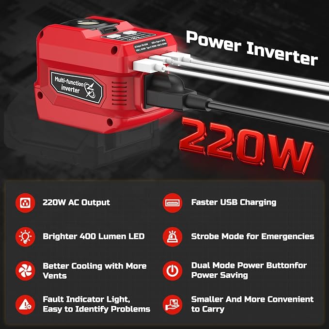 220W Power Inverter Compatible with Milwaukee 18V Battery, DC 18V to AC 110V Battery Inverter, Power Station Generator with 1 AC Outlet, 2 USB Ports & 1 Type-C Fast Charging, 400LM LED Work Light