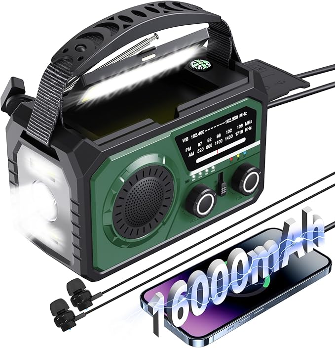 16000mAh Emergency Weather Radio, AM/FM/NOAA Weather Alert Radio Hand Crank/Solar/Type-C Fast Rechargeable Outdoor Radio with Reading Lamp/SOS Alarm/3 Mode Flashlight/Power Bank(Green)