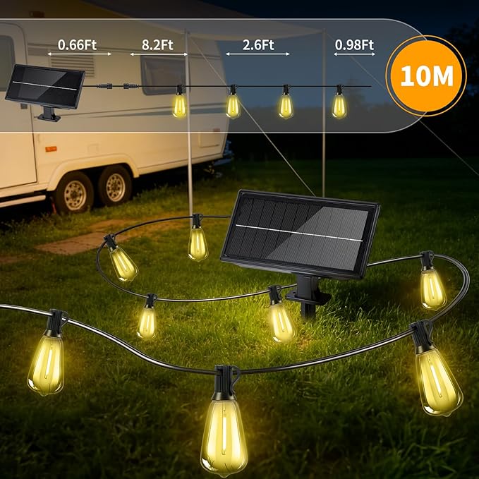 Outdoor Solar String Lights Waterproof: ST38 33ft Shatterproof Patio Lights - Solar Powered & USB Dual Charging - 3 Modes Button Control - Garden Backyard Gazebo Porch Party Decor