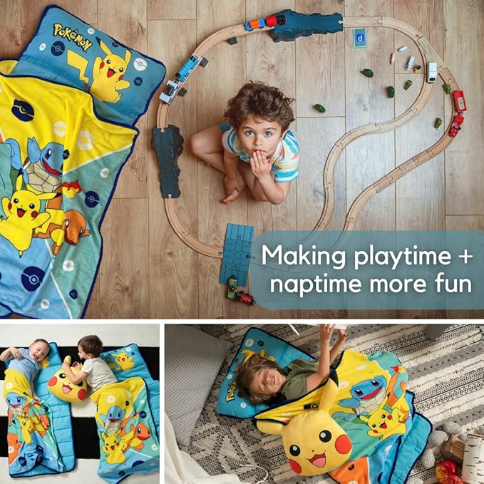 Pokémon Anime 24" X 45" Soft Toddler Nap Mat with Pillow and Blanket Perfect for Preschool, Daycare, and Travel (Official Licensed Product) by Franco