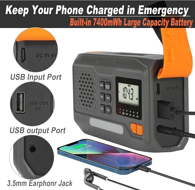 7400mWh Solar Hand Crank Emergency Weather Radio, NOAA AM FM Portable Radio with Flashlight, SOS Alarm, Digital Display & Phone Charger for Hurricane, Survival, Camping & Outdoor Emergencies