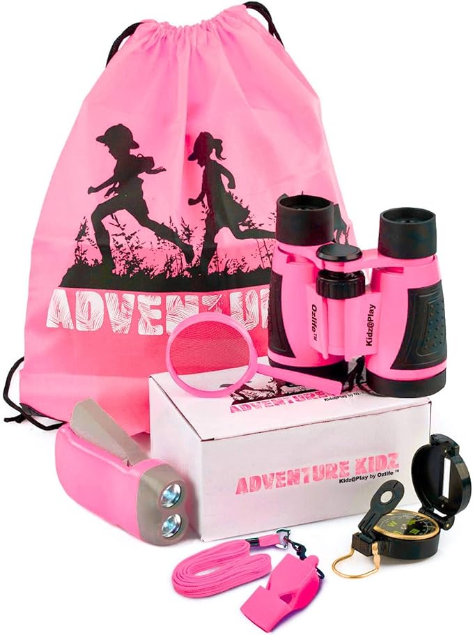 Adventure Kidz - Outdoor Exploration Kit, Children’s Toy Binoculars with Case, Flashlight, Compass, Fox Whistle, Magnifying Glass, Backpack. Great Gift Set for STEM, Pretend Play