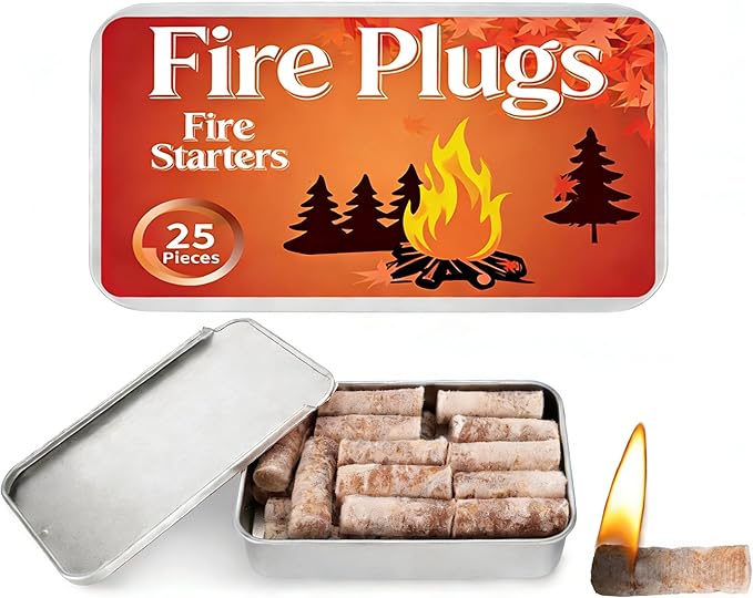 Fire Starter Plugs, 25-Pack, Long Burning Windproof Starters for Campfire, BBQ, Fireplace, Chimney