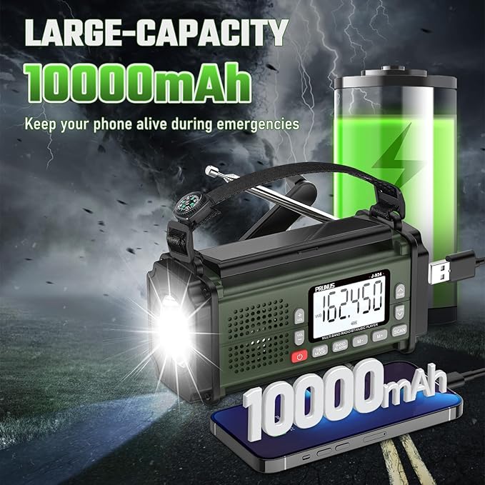 PRUNUS J-924 Storm-Ready 10000mAh/37000mWh Hand Crank Radio, AAA Batteries Powered Emergency Radio Solar, NOAA Weather Radio AM/FM/SW, USB Charging, Torch& Reading Light, SOS Alarm, Power Bank