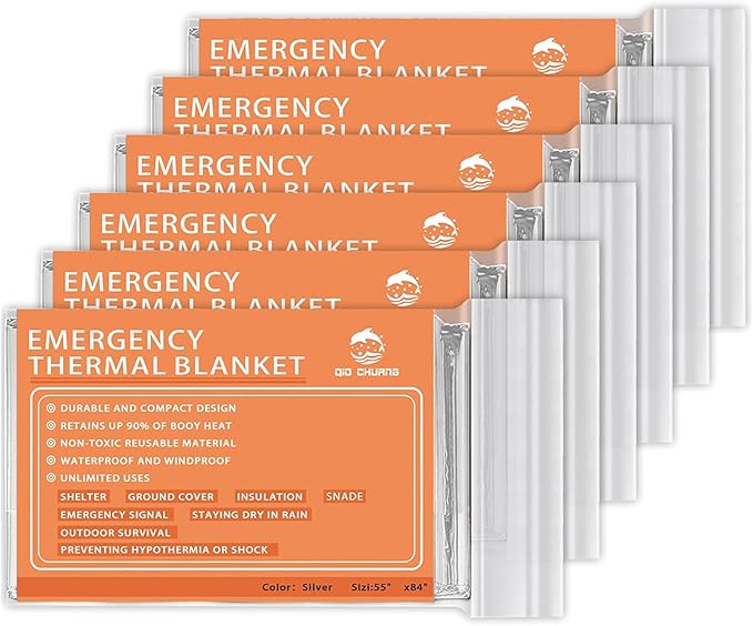 QIO CHUANG Emergency Mylar Thermal Blankets -Space Blanket Survival kit Camping Blanket (Pack of 6). Perfect for Outdoors, Hiking, Survival, Bug Out Bag ，Marathons or First Aid
